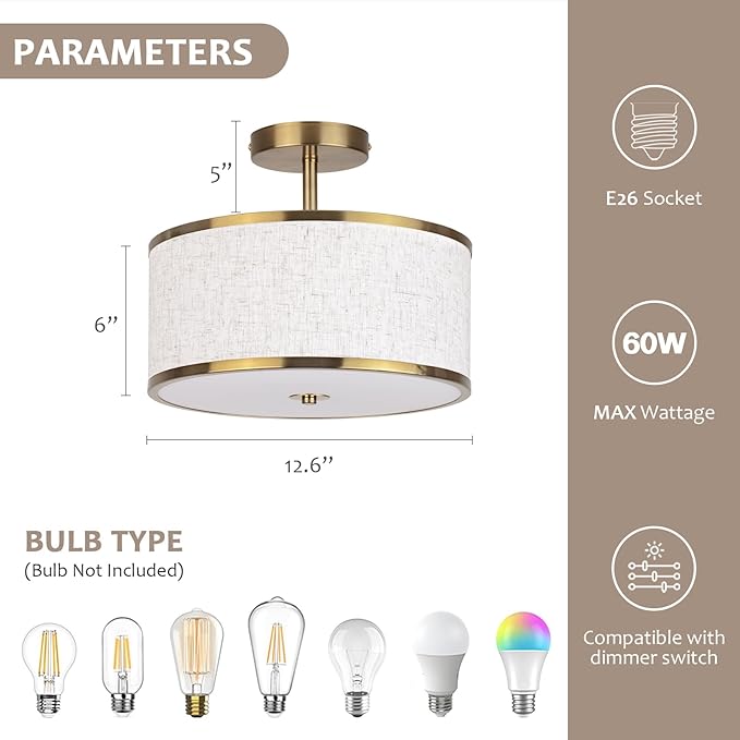 12.6 Inch Semi Flush Mount Ceiling Light, 3-Light Drum Lamp with Gold Brass Finish and Beige Shade, Ideal for Bedroom, Kitchen, Dining Room, Hallway, Entryway, and Foyer,