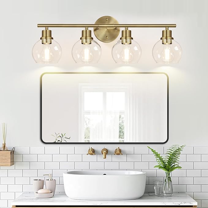 Indoi 4-Light Bathroom Light Fixtures, Brushed Brass Bathroom Lights Over Mirror with Clear Glass Globe Shade, Vanity Lights for Bathroom Kitchen Living Room Hallway Cabinet Bedroom Porch