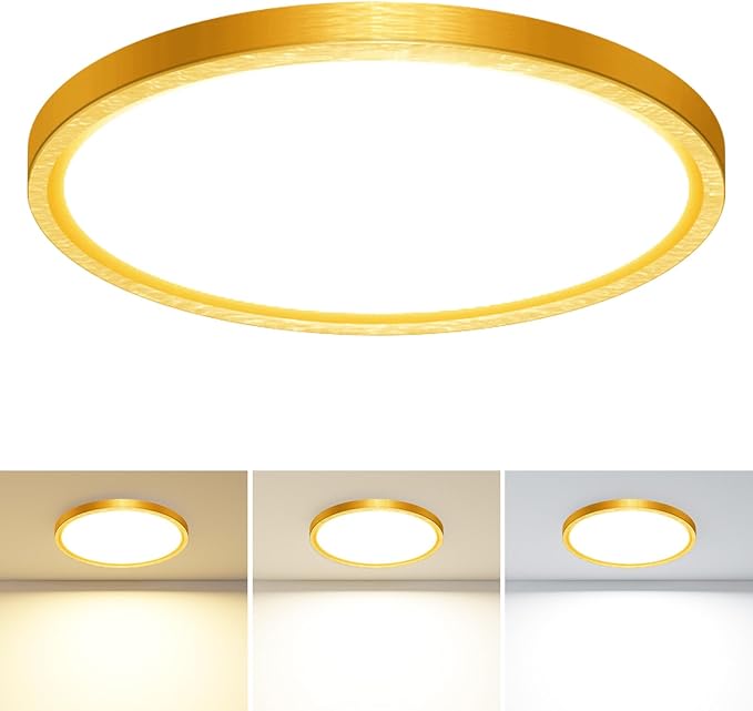 slochi LED Flush Mount Ceiling Light Fixture, 3000K-4000K-6500K & 100W Equivalent Modern Kitchen Recessed Ceiling Lamp 24W 3200Lm 12 Inch Closet Round Surface for Bathroom Laundry-Gold