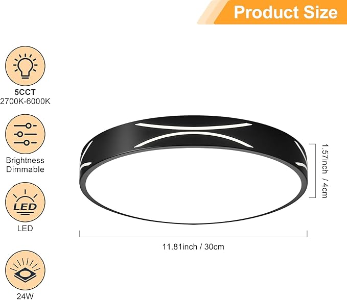 Modern Dimmable LED Flush Mount Ceiling Light, 2700K-6000K Selectable Round Close to Ceiling Lighting Fixtures, Metal Minimalist Black Ceiling Lamp for Bedroom, Kitchen, Hallway, Laundry Room