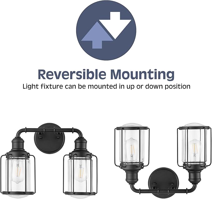 Prominence Home Lincoln Woods 2 Light Matte Black Industrial Bathroom Vanity Light with Cage and Clear Glass - 51544-01
