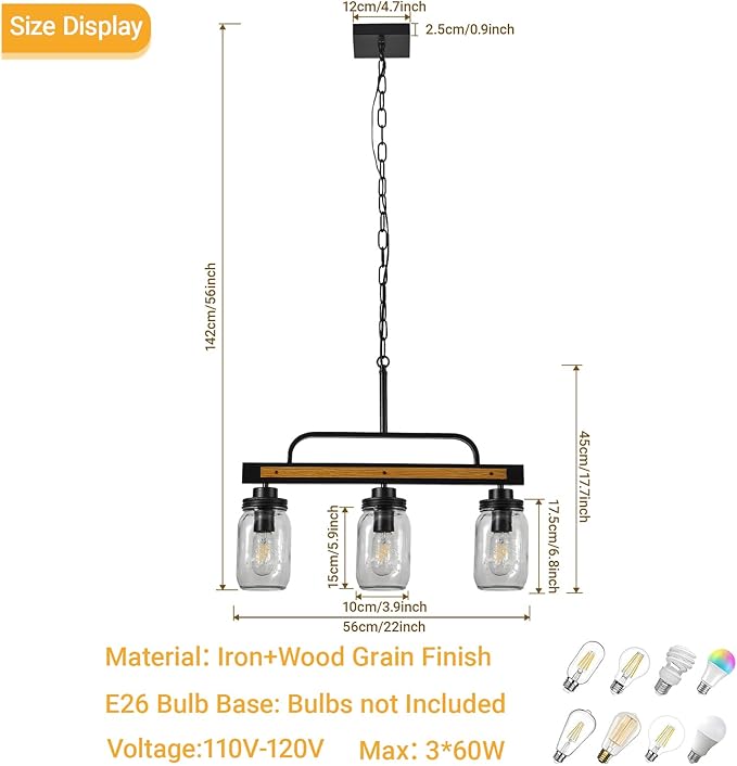 3-Light Farmhouse Dining Room Chandelier, Black Mason Jar Chandelier Lighting Fixture for Kitchen Island, Dining Table, Rustic Linear Cluster Hanging Pendant Light, Faux Wood with Glass Shade