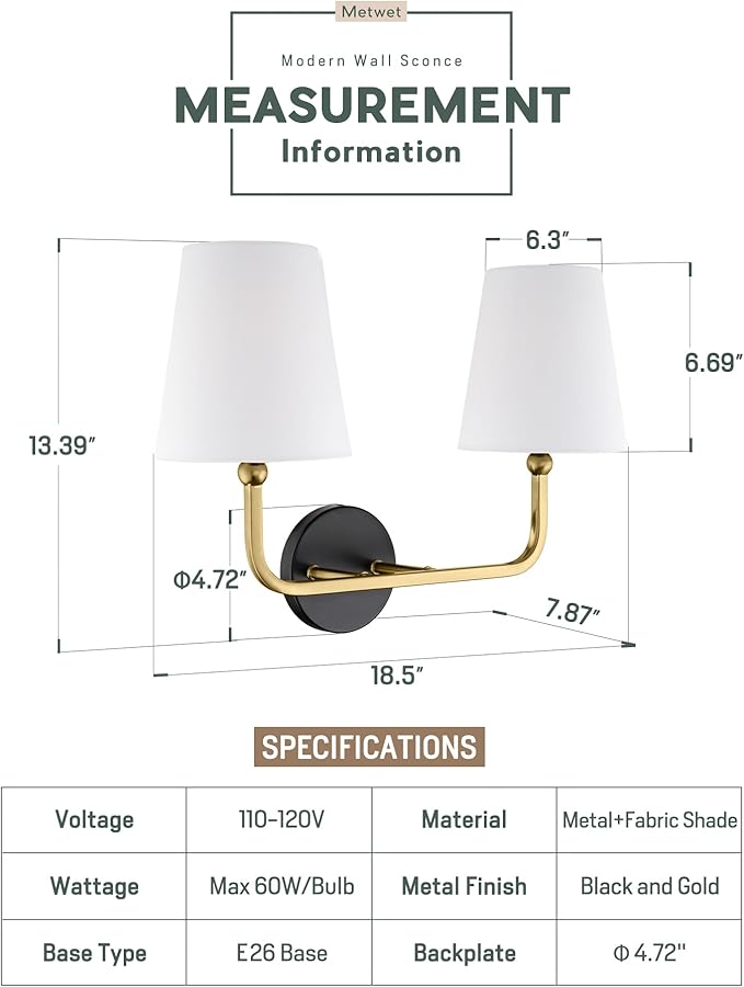 2-Light Bathroom Light Fixtures, Black and Gold Vanity Lights, Double Wall Sconce with Flared White Fabric Shade, Modern Sconces Wall Lighting for Hallway Bedroom Stairway, VL837-KG-2