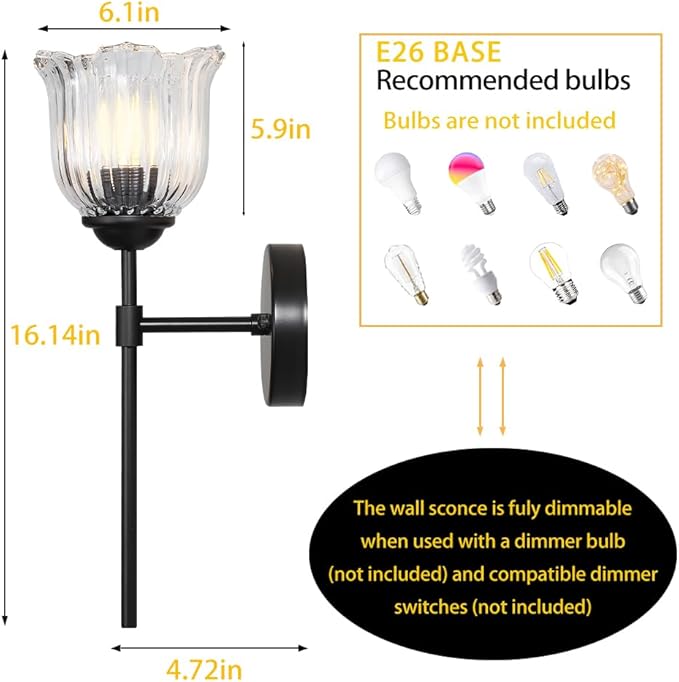 Black Wall Sconces, Farmhouse Wall Lights with Clear Glass Flower Shade, Hardwired Wall Mount Light Fixtures for Living Room, Bathroom, Bedroom, Hallway, 2 Pack