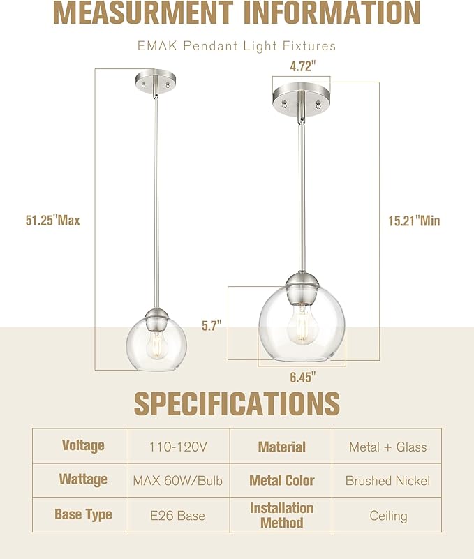 Emak 2 Pack Brushed Nickel Pendant Light Fixtures, 7 Inch Globe Pendant Lights with Clear Glass Shade, 1-Light Hanging Lights for Kitchen Island, Bathroom, Dining Room, PL119-BN-2PK