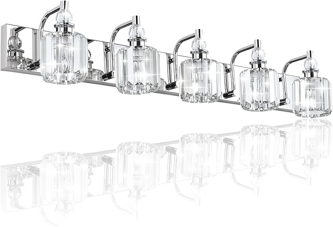Ralbay Modern Crystal Vanity Lights 5 Light 40" Modern Crystal Bathroom Lights Fixtures Over Mirror Stainless Steel Chrome Vanity Light for Bathroom Wall Lights Fixtures