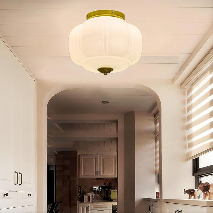 LIGHTLAND Milk Glass Ceiling Light, 15 Inch 3-Light Metal Glass Flush Mount Ceiling Light Fixture for Entryway, Hallway, Living Room, Bedroom (Style C, White)