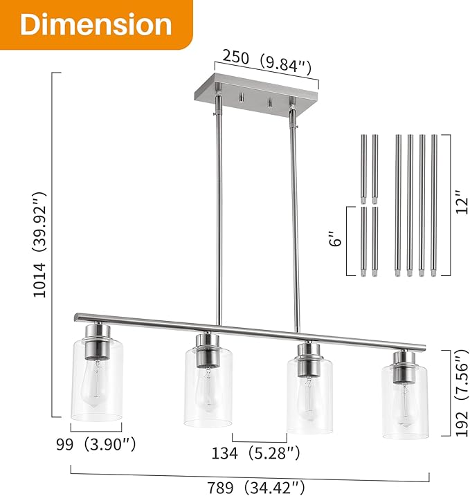mavcadonf Kitchen Island Light, 4-Light Pendant Lighting, Farmhouse Dining Room Light Fixtures for Kitchen Island Dining Living Room, Brushed Nickel with Clear Glass Shade