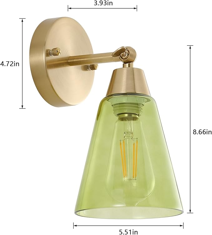 MWZ Gold Wall Sconce Decor Set of 2,Modern Brushed Brass Sconces Lighting with Green Glass Shade,Bathroom Light Fixtures Over Mirror,Vanity Lights Over Sink,Indoor Wall Mount Adjustable Angle Lamp