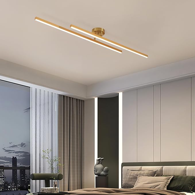 Gold Modern Sputnik Chandelier Ceiling Light Fixtures,2-Lights Industrial Metal Semi Flush Mount Ceiling Light for Bedroom Dining Room Living Room Kitchen Hallway(Gold, 2 Head)