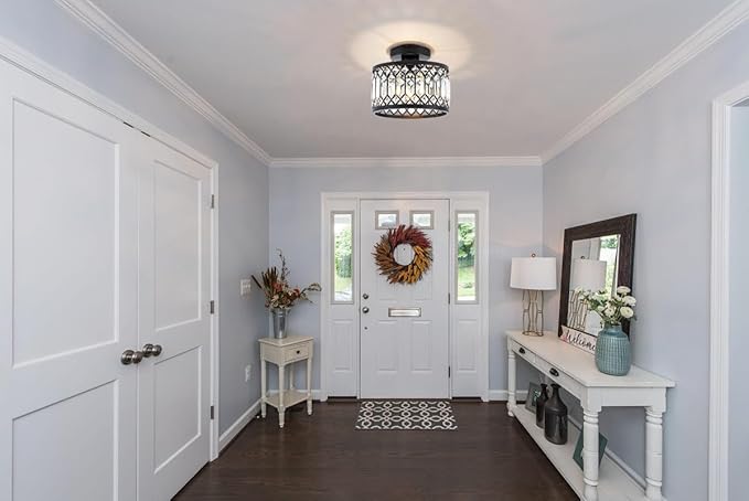 Crystal Black Ceiling Lights 9 Inch Modern Semi Flush Mount Ceiling Light Fixture,Farmhouse Rustic Chandelier for Entryway Porch Aisle Corridor Balcony