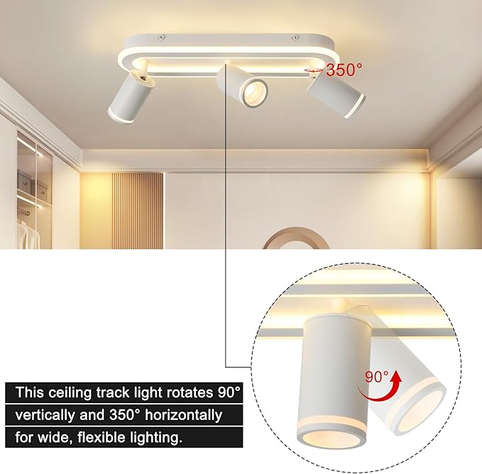 LED 3 Light Track Lighting Spotlight Kit, White Ceiling Spotlights, Modern Track Light Fixture with Flexibly Rotatable Light Heads, 35W+15W Dual Lighting for Kitchen Living Room,Includes 3 x GU10 Bulb