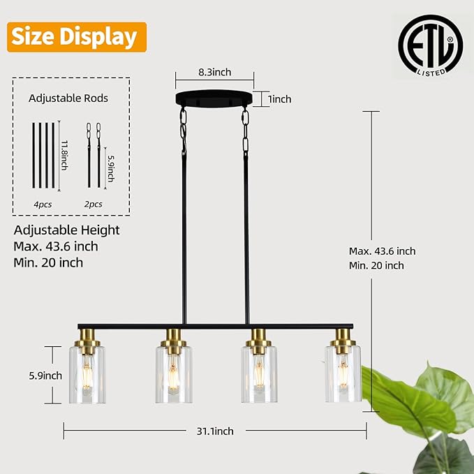 Island Lights for Kitchen, 4-Light Farmhouse Dining Room Light Fixtures Over Table, Matte Black and Gold Linear Chandeliers for Dining Room，Industrial Pendant Lighting with Clear Glass Shade