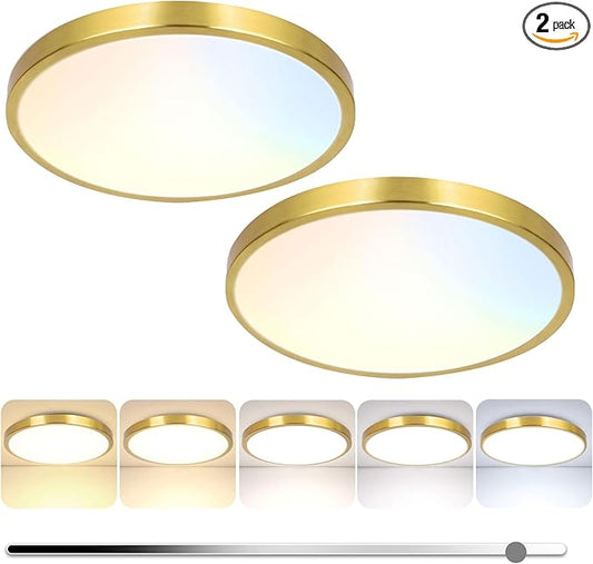13 Inch Flush Mount Light Fixtures, 2-Pack 36W 3600lm Gold LED Ceiling Lights with 2700K-6500K 5 Color Temperatures, Modern Round LED Lights for Kitchen Bedroom Bathroom Living Room Closet
