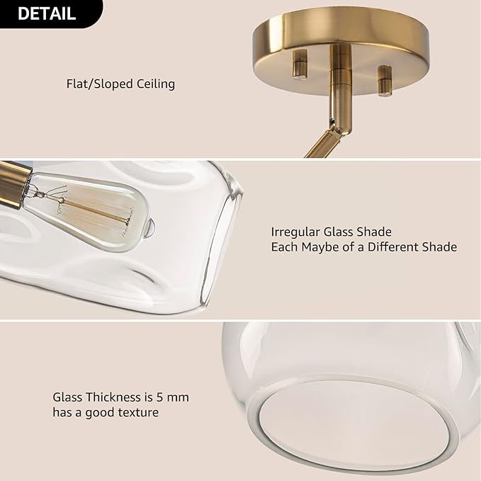 GoYeel Pendant Light Fixture - 1 Pack Blown Glass Pendant Hanging Lights, 11.4in Height Gold Finish Organic from Glass Pendant Lighting for Kitchen Island Hallway