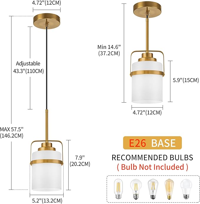 Modern Brass Pendant Lights Kitchen Island Light, Adjustable Hanging Light Fixture with Milk Glass Shade, Farmhouse Pendant Light for Dining Room Bar Over Sink/Table/Counter, 2 Pack