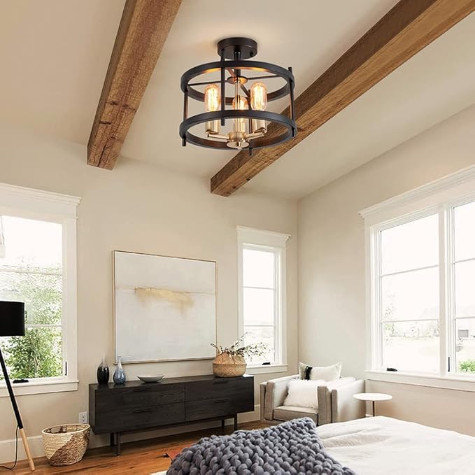 AGV LIGHTING Semi Flush Mount Ceiling Light Fixture, 3-Light Farmhouse Light Fixture Ceiling Mount, Black & Gold Finish
