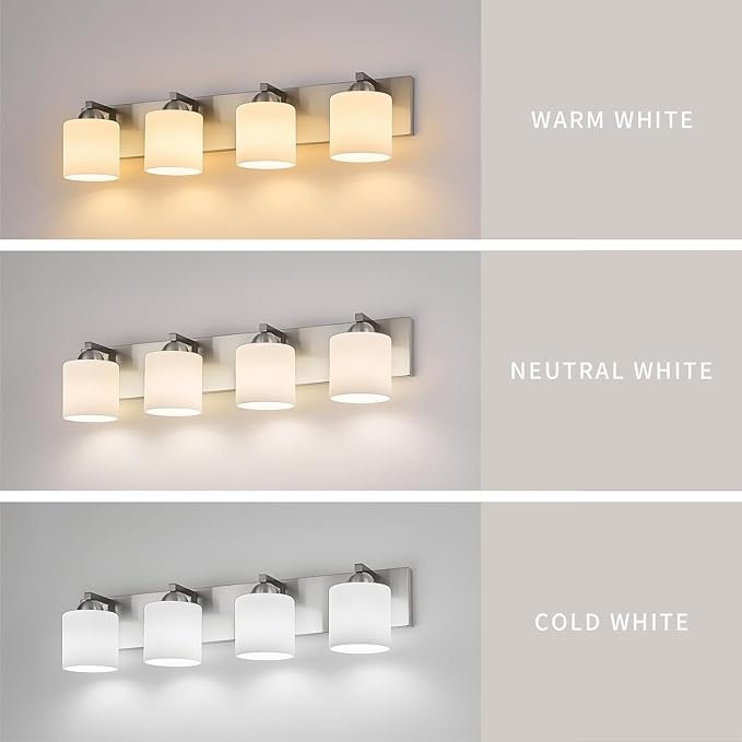mirrea 30in 4-Light Brushed Nickel Vanity Lights for Bathroom, Vanity Lighting Fixtures with Etched White Glass Shades