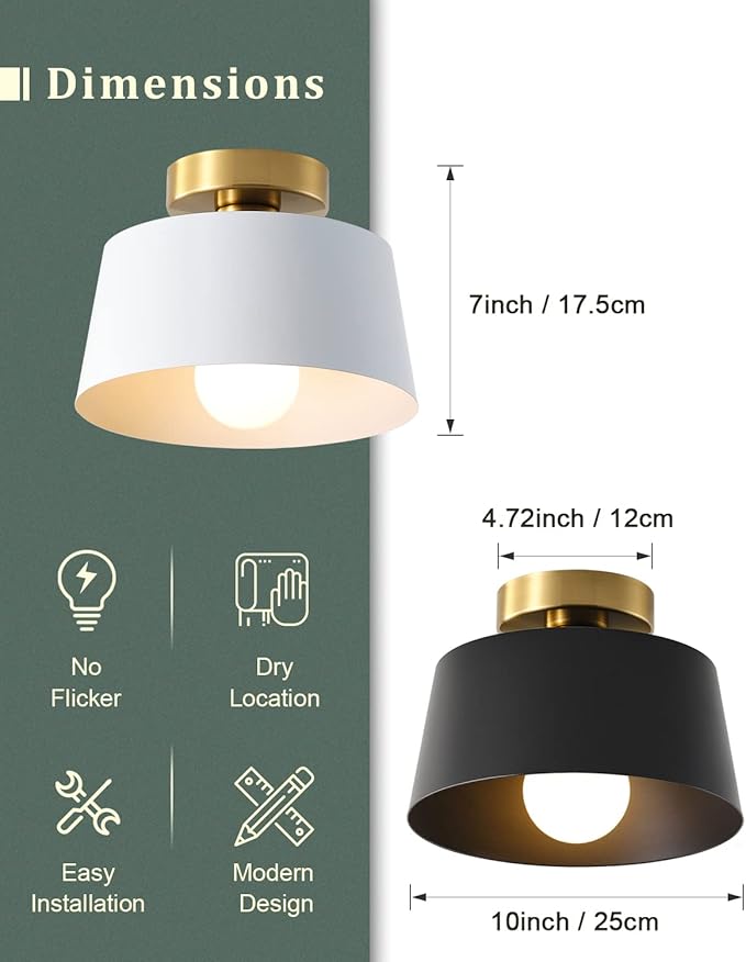Ceiling Light Fixture, Hallway Ceiling Light with Gold Plate and White Shade, Modern Simple Style Porch Light Fixtures Semi Flush Mount (3 Pack White)