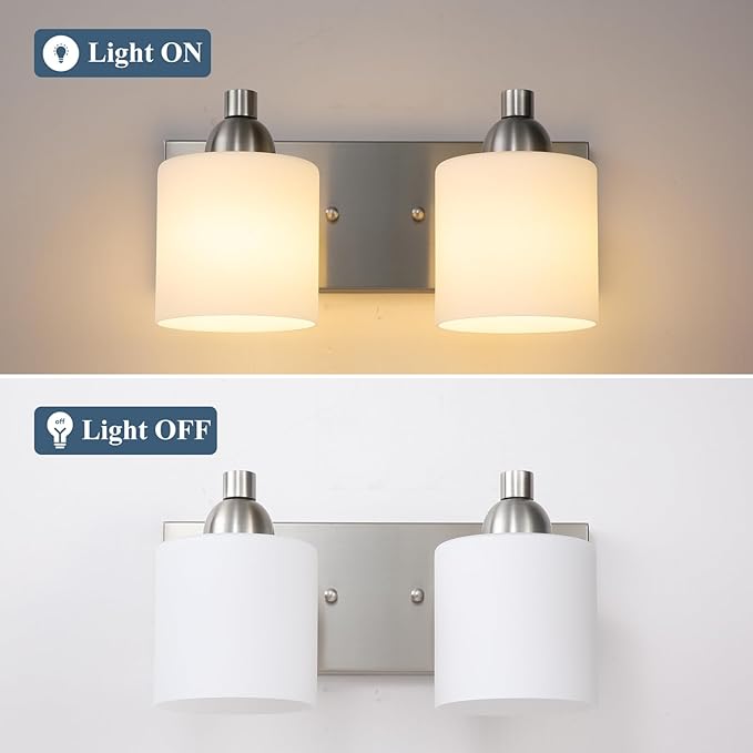 Mecgirn Stainless Steel Milk Glass Vanity Lights for Bathroom, 2 Light Brushed Nickel Bathroom Light Fixtures Over Mirror, Ceramic E26 Sockets Wall Mounted