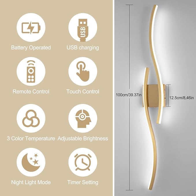 Modern LED Wall Sconce Set of Two, Dimmable Battery Powered Wall Sconces, 3000K-6500K Wireless Wall Light, Rechargeable Wall Lamp Indoor not Hardwired for Room Bedroom Corridor, 39.3in(Gold)
