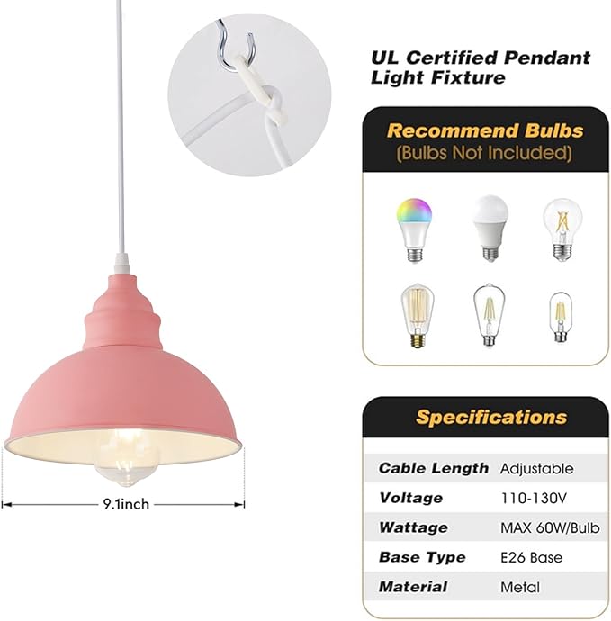 Plug in Pendant Light, 15FT Hanging Lights, On/Off Switch, Industrial Pendant Light with Plug in Cord, Metal Hanging Lamps for Living Room, Kitchen, Dining Room -Pink