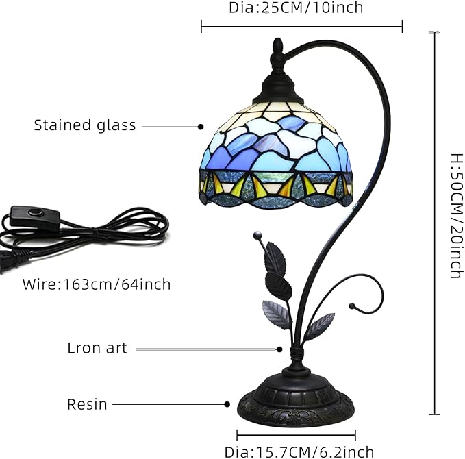 Blue Ocean Shell Style Tiffany Stained Glass Metal Leaf Base Table Lamp Retro Bedroom Bedlight Living Room Dining Room Home Decoration Desk Lamp