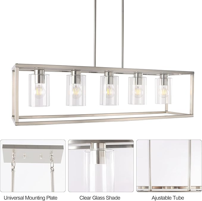 Chandeliers for Dining Room, 5 Light Dining Room Light Fixture Modern Metal Industrial Kitchen Lighting Fixtures Ceiling Easy Installation Kalium Pendant Lights for Bar Restaurant-E26 Socket,Sliver