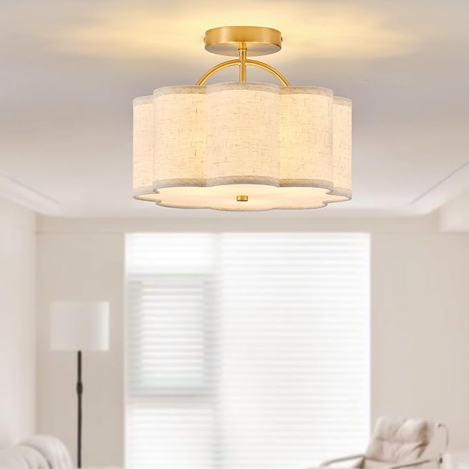 13.5" Semi Flush Mount Ceiling Light Fixture for Bedroom, 3-Light Flower-Shape Modern Close to Ceiling Light with Fabric Shade for Hallway Nursery Kitchen Island(Hemp-Color)