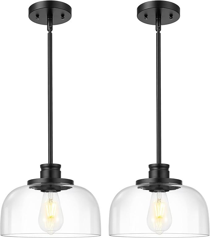 Emak 2 Pack Glass Pendant Light, Modern Farmhouse Black Pendant Lights Kitchen Island, 10 Inch Hanging Light Fixture for Kitchen Island, Dining Room, Bathroom, Bar, PL131-BK-CG-2PK