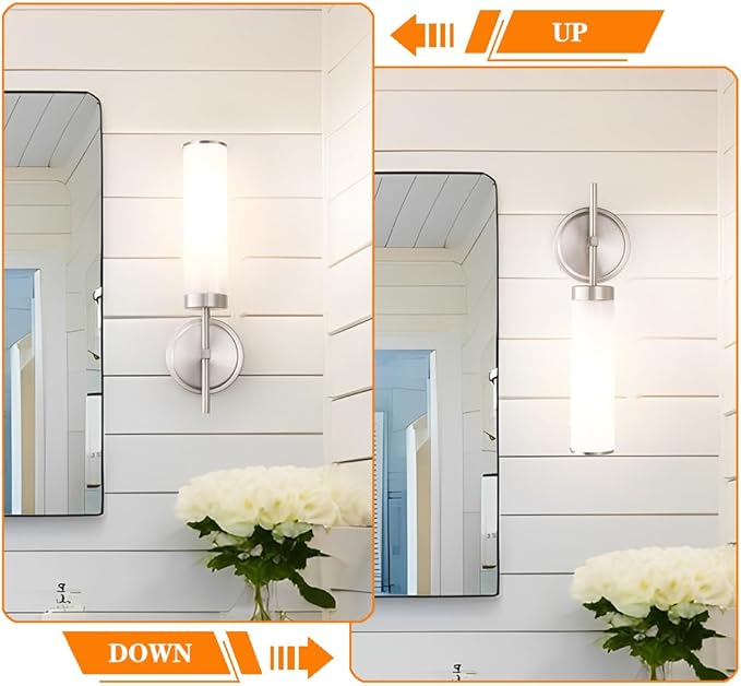 Brushed Nickel Wall Sconces Set of 2, Modern Bathroom Sconces Wall Lighting with Opal White Glass, Vanity Light Fixtures for Bathroom, Wall Mount Lights for Living Room Bedroom Hallway, Hardwired