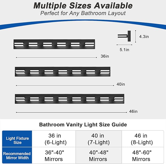 IZORRO LED Modern Bathroom Lights Fixtures(7-Light,Dimmable,360°Rotate),Matte Black Acrylic Wall Lighting,Vanity Lights for Bathroom Over Mirror - 6000k 40In （No Assembly Required）