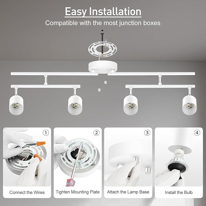 Track Lighting Fixtures Ceiling, 4-Light LED Track Lighting Kit, 30" Modern White Ceiling Spot Lighting, Flexibly Rotatable Head, Wireless Wall Light for Bedroom/Kitchen/Hallway(GU10 Socket, NO Bulb)