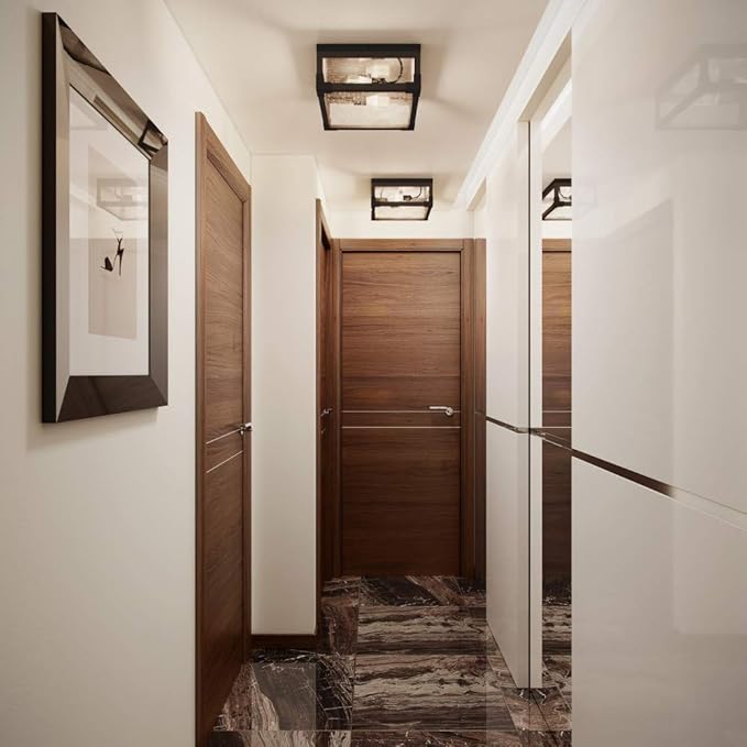 GLOBE Electric 65917 2-Light Flush Mount Ceiling Light, Dark Bronze, Dark-Wood Finish Accents, 5 Seeded Glass Panes, Bedroom Lighting Fixtures Ceiling, Lighting for Hallway or Dining Room