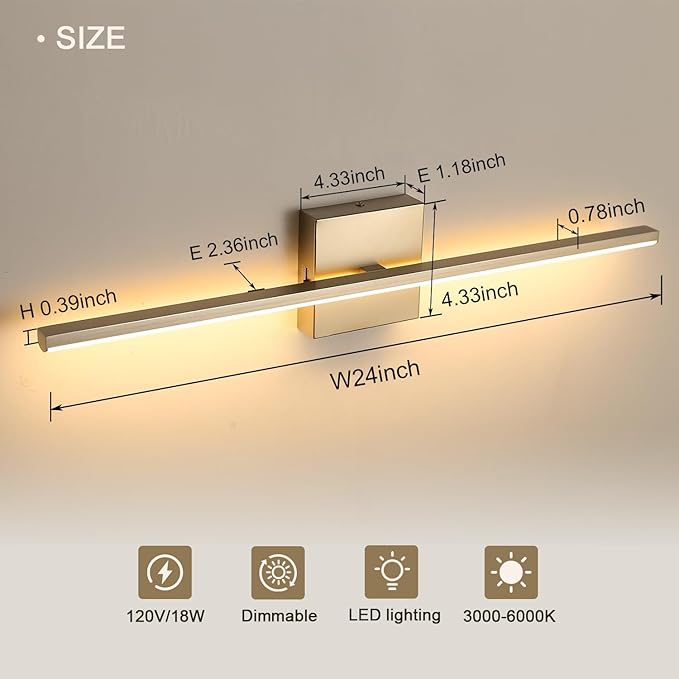 Modern Bathroom Vanity Light 24 Inch, 18W Brushed Nickel Bathroom Light Fixture Over Mirror, Dimmable 5CCT LED Wall Sconce Lighting for Restaurant