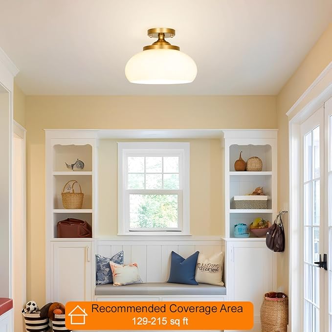 Mid-Century Gold Ceiling Light with Hand-Blown Milk Glass Shade - 12 Inch Semi Flush Mount Light Fixture for Hallway, Kitchen & Bedroom - Triple E12 Sockets for Even Illumination & Easy Installation