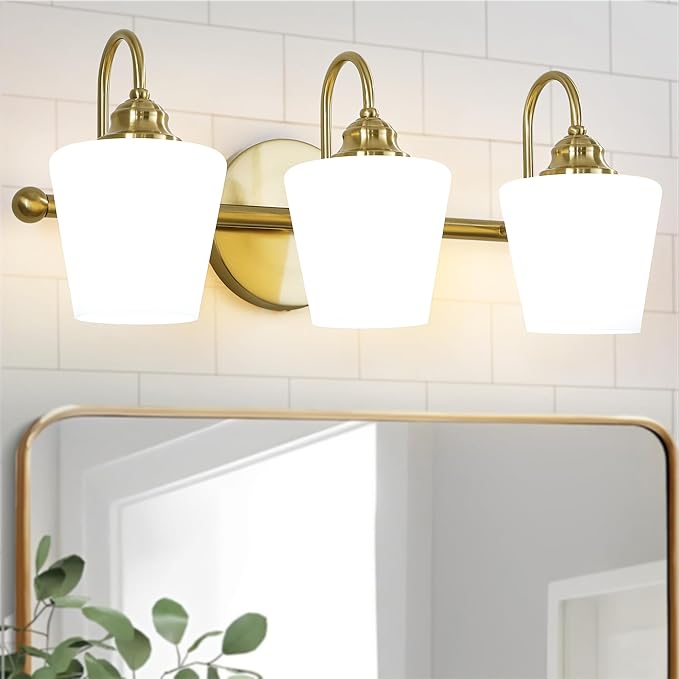 LASENCHOO 3 Lights Bathroom Vanity Light Vintage Bathroom Lighting Fixtures Over Mirror, Brass Wall Sconce Modern Wall Lights for Bedroom Living Room Hallway with Milky Glass Shade, E12 Socket