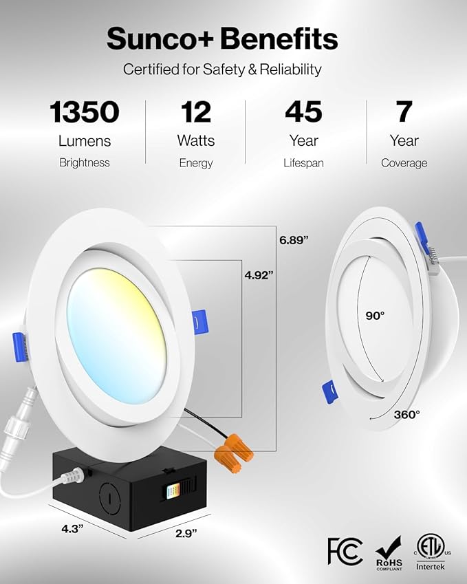 Sunco 4 Pack 6 Inch 5 CCT Gimbal LED Recessed Light Slim, 1350LM High Brightness, 2700K/3000K/4000K/5000K/6000K Selectable, 12W, Angled Directional Canless Downlight with JBox - ETL, FCC.