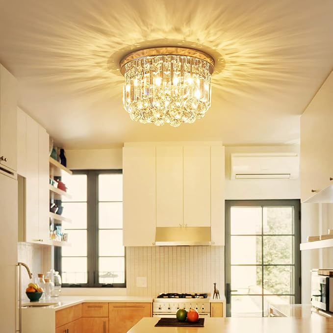 AGV LIGHTING 16061 K9 Crystal Flush Mount Ceiling Light Fixture, Close to Ceiling, Modern Design, 3-Lights, Perfect for Foyer, Living Room, D12 x H10, Chrome Finish