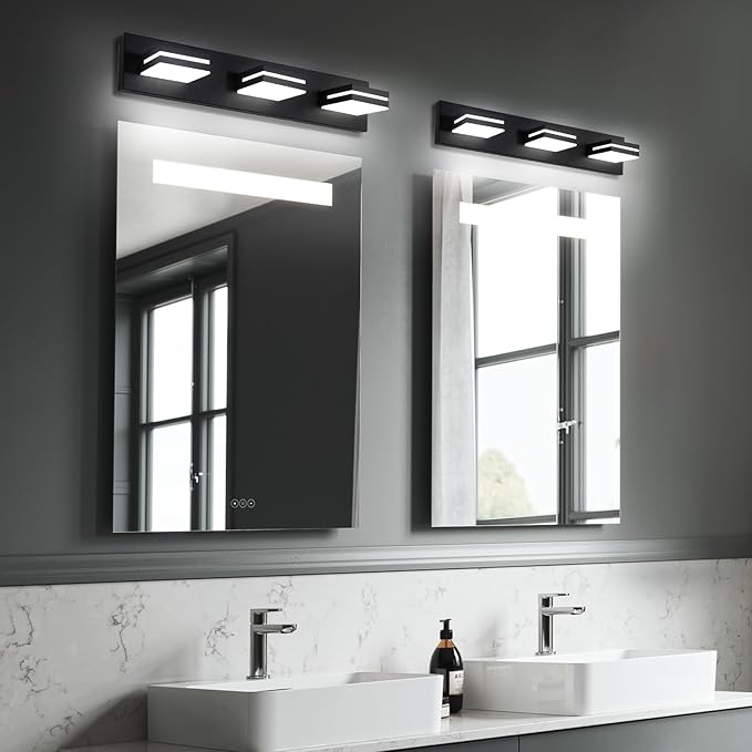 OKELI 3 Light Bathroom Vanity Light Matte Black Modern 24W LED Dimmable Vanity Light Over Mirror 350° Adjustable Lamp Head Cold White 6000K ETL Listed 22Inch