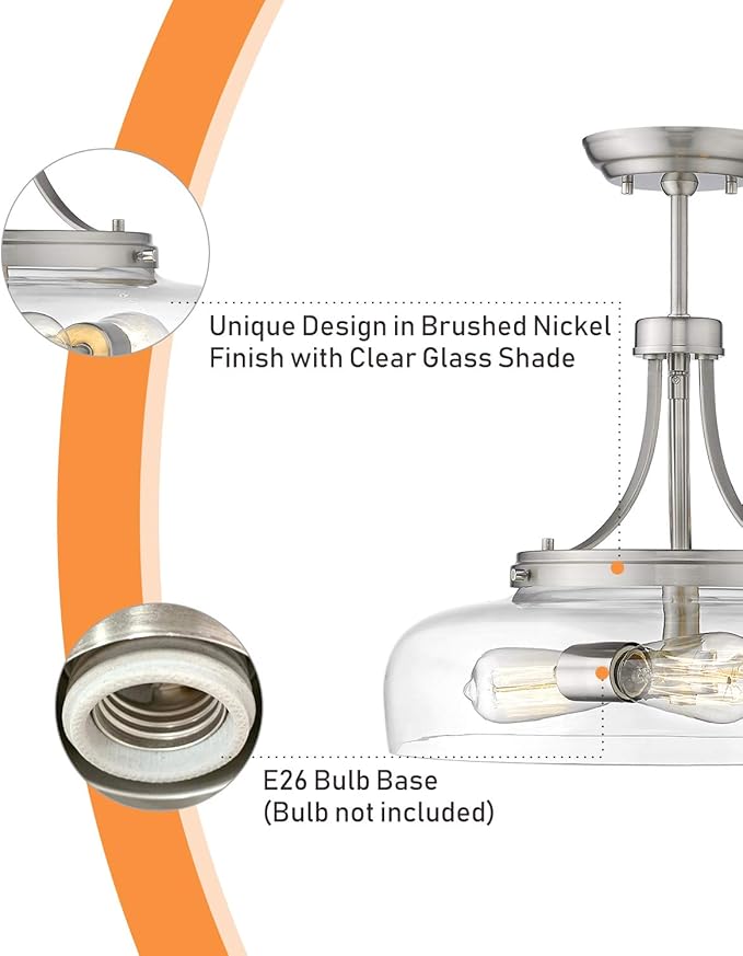 EAPUDUN 3-Light Farmhouse Semi Flush Mount Ceiling Light Fixture, Modern Pendant Light, Brushed Nickel with Clear Glass Shade, SMA1126-BNK