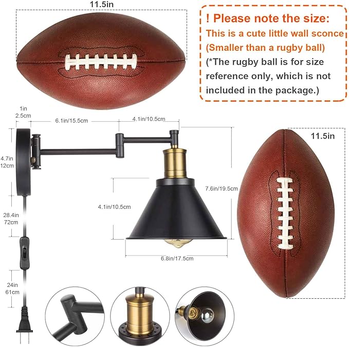 Wall Lamps, Swing Arm Wall Lamp Wall Sconce 2-Pack Plug in Cord with Switch,Vintage Barn Wall Light Bronze Black Lamp Lobby, Hallway, Kitchen, Dining Room, Restaurant, Café