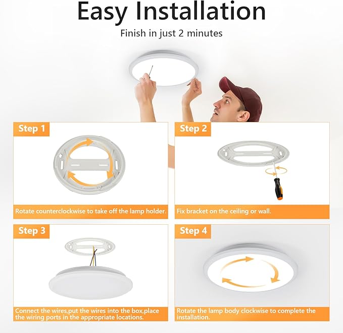 DELIPOP 2 Pack 12 Inch LED Flush Mount Ceiling Light, 24W Surface Flat LED Ceiling Light for Indoor/Outdoor, IP54 Waterproof Round Ceiling Light Fixture for Bathroom, Bedroom, Kitchen, Hallway