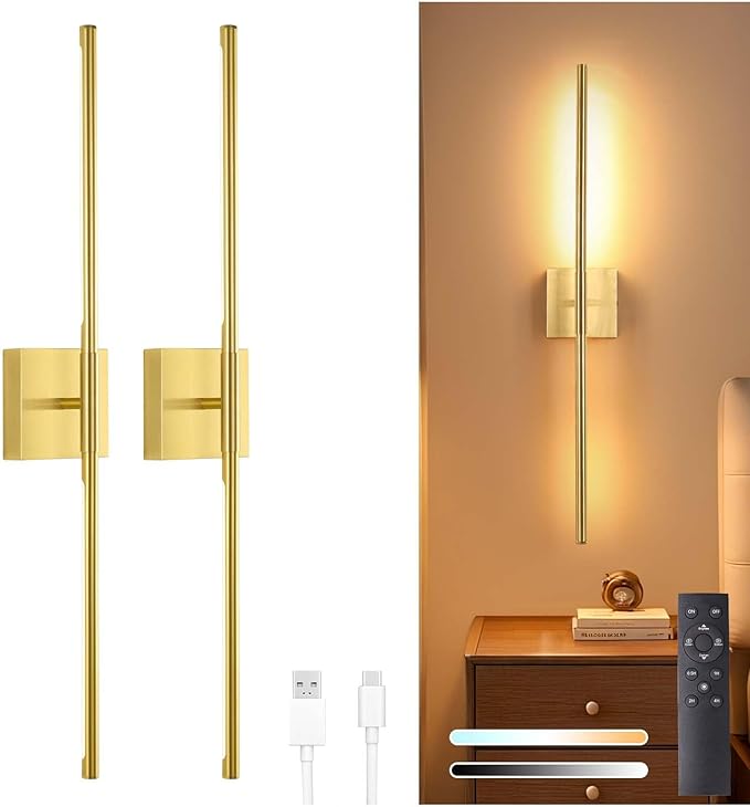 Shenmoyl Battery Operated Wall Sconce Set of 2, 10400mAh Rechargeable Wall Sconces, 3000K-6000K Dimmable, 350°Rotate, Indoor Wall Lights for Bedroom Living Room Bathroom, Gold, 31.5 Inch