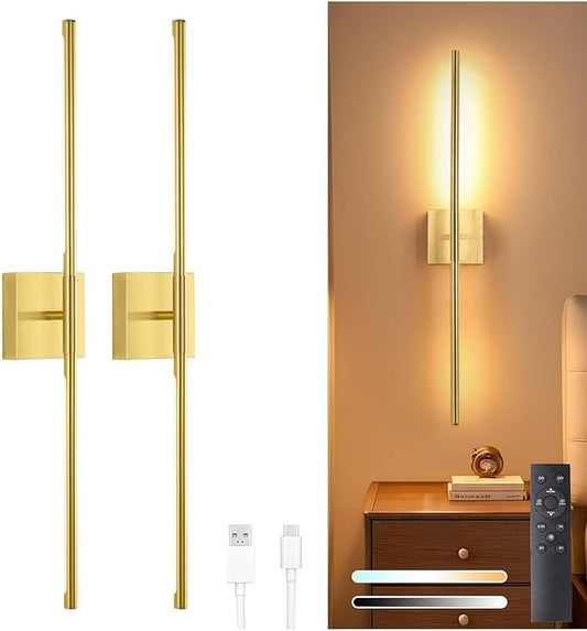Shenmoyl Battery Operated Wall Sconce Set of 2, 10400mAh Rechargeable Wall Sconces, 3000K-6000K Dimmable, 350°Rotate, Indoor Wall Lights for Bedroom Living Room Bathroom, Gold, 31.5 Inch