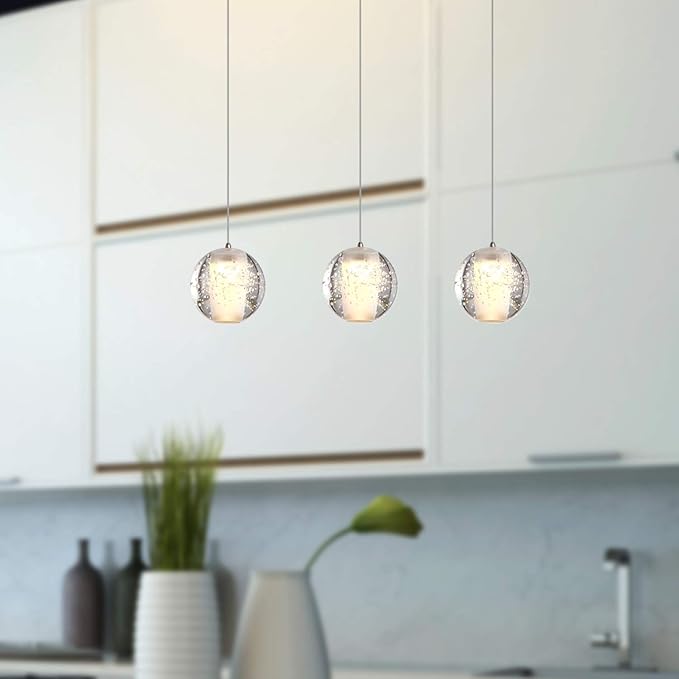 Venus 3 Mini Pendant Glass Ball Lighting Nickel - LED Hanging Light Fixture for Kitchen Island, Bar, Foyer - Cluster Pendants - Dimmable, Adjustable Wire, Lamp Bulb Included