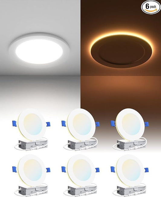 Ensenior 6 Pack 4 Inch LED Recessed Ceiling Light with Night Light, Dimmable, 2700K-5000K 5CCT, 750LM 9W 120V, High Brightness Canless Wafer Downlight - FCC