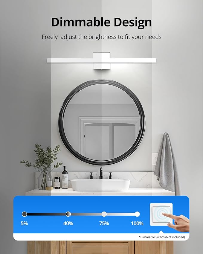 Combuh LED Bathroom Vanity Light Bar Dimmable IP44 Over Mirror Lighting Fixture 24Inch Wall Sconces Indoor 14W Modern Cool White 6000K Chrome