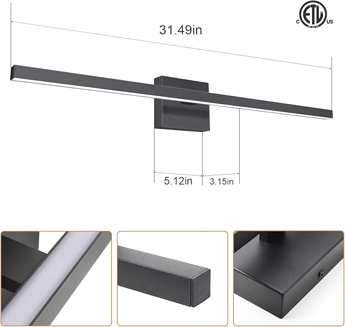 VOLISUN Modern Bathroom Vanity Light 31.5 inch, 18W Dimmable 5CCT Led Bathroom Light Fixture Over Mirror, Black Bar Vanity Light for Bathrooms Mirror Cabinets Bedroom-ETL Certificated