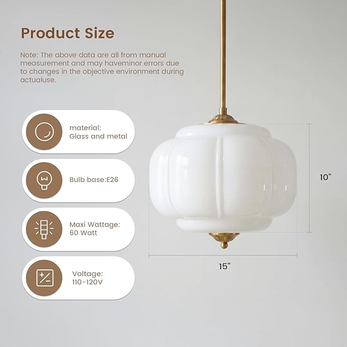 Milk Glass Ceiling Light Fixture - Antique Brass Semi Flush Mount Pendant Light for Kitchen, Hallway, and Bedroom 15 inch (White 15 inch)